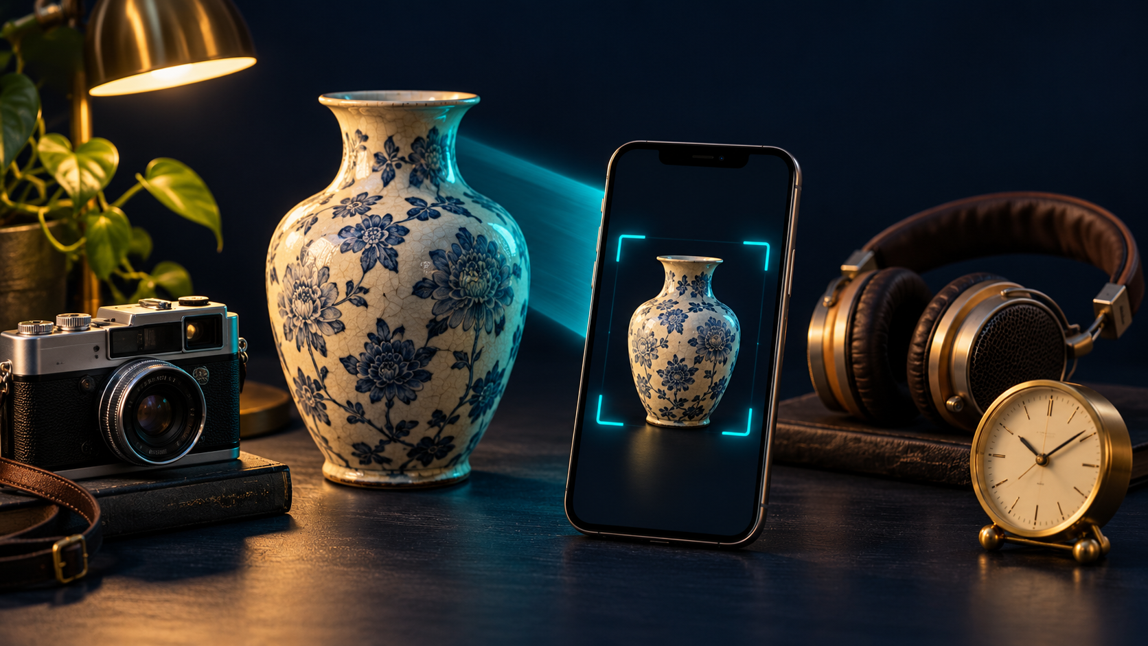 Illustration of a phone scanning a vintage vase alongside secondhand cameras and other resale finds.